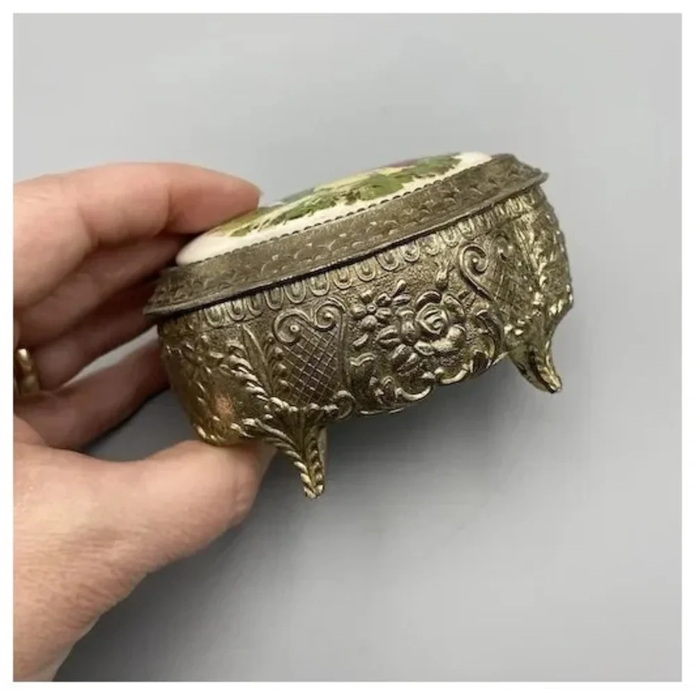 Vintage Ornate Trinket Box or Casket Courting Couple Ceramic Top Japan